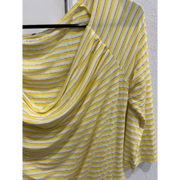 Calvin Klein Jeans Yellow White Striped Drape Neck 3/4 Sleeve Top Sz S - Picture 5 of 8